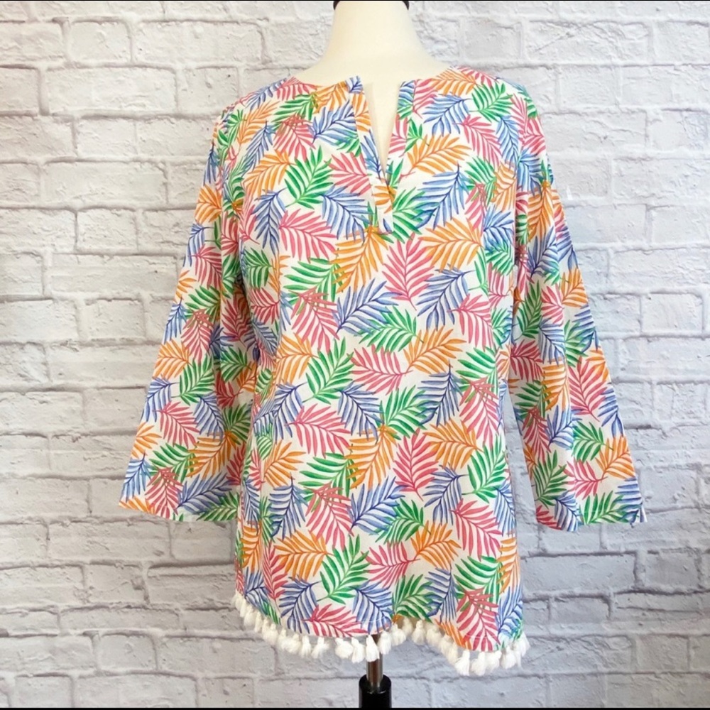 Talbots Fern Print Tassel Trim Tunic Top Medium